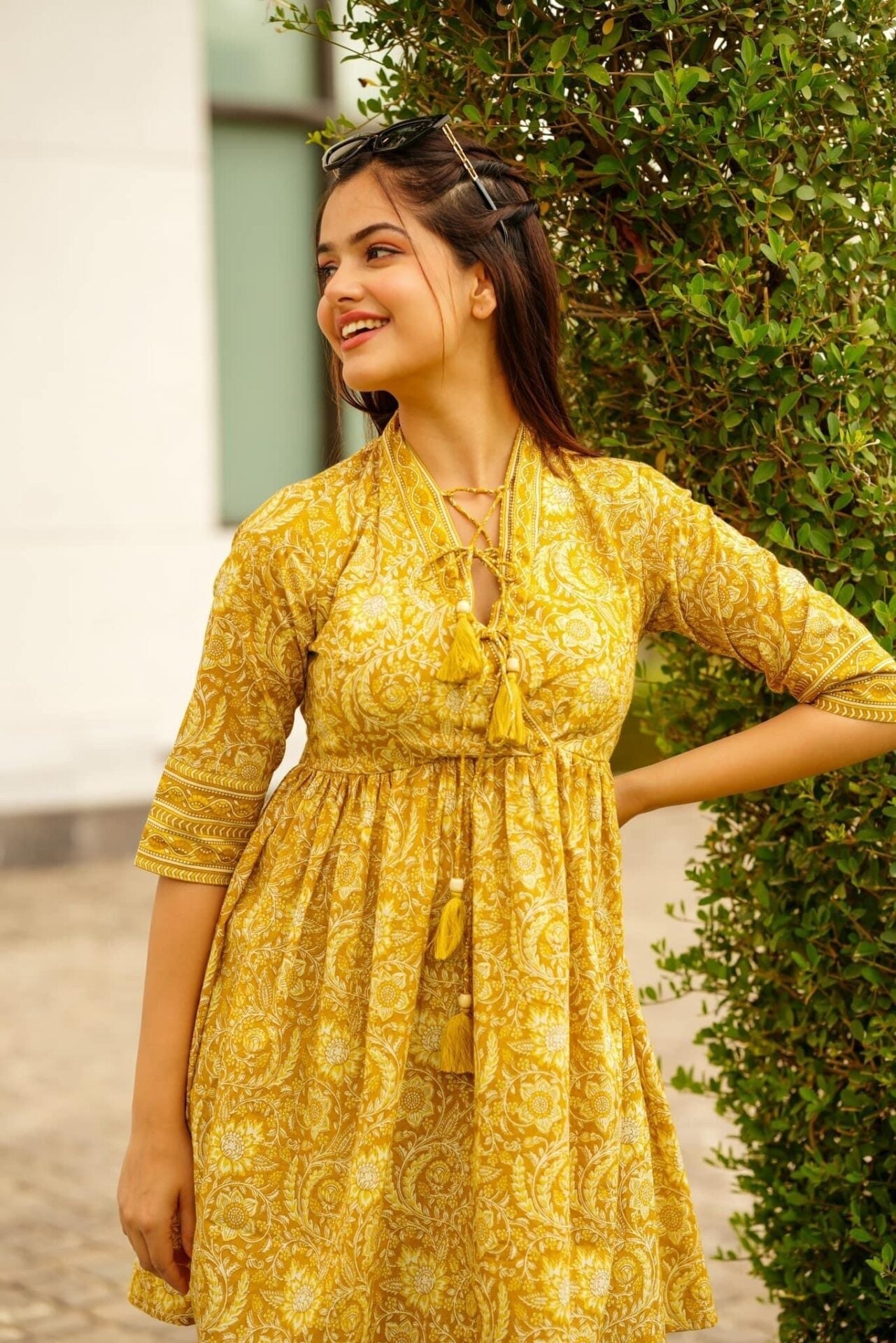 Mustard Floral Print Designer Cotton Top for Women