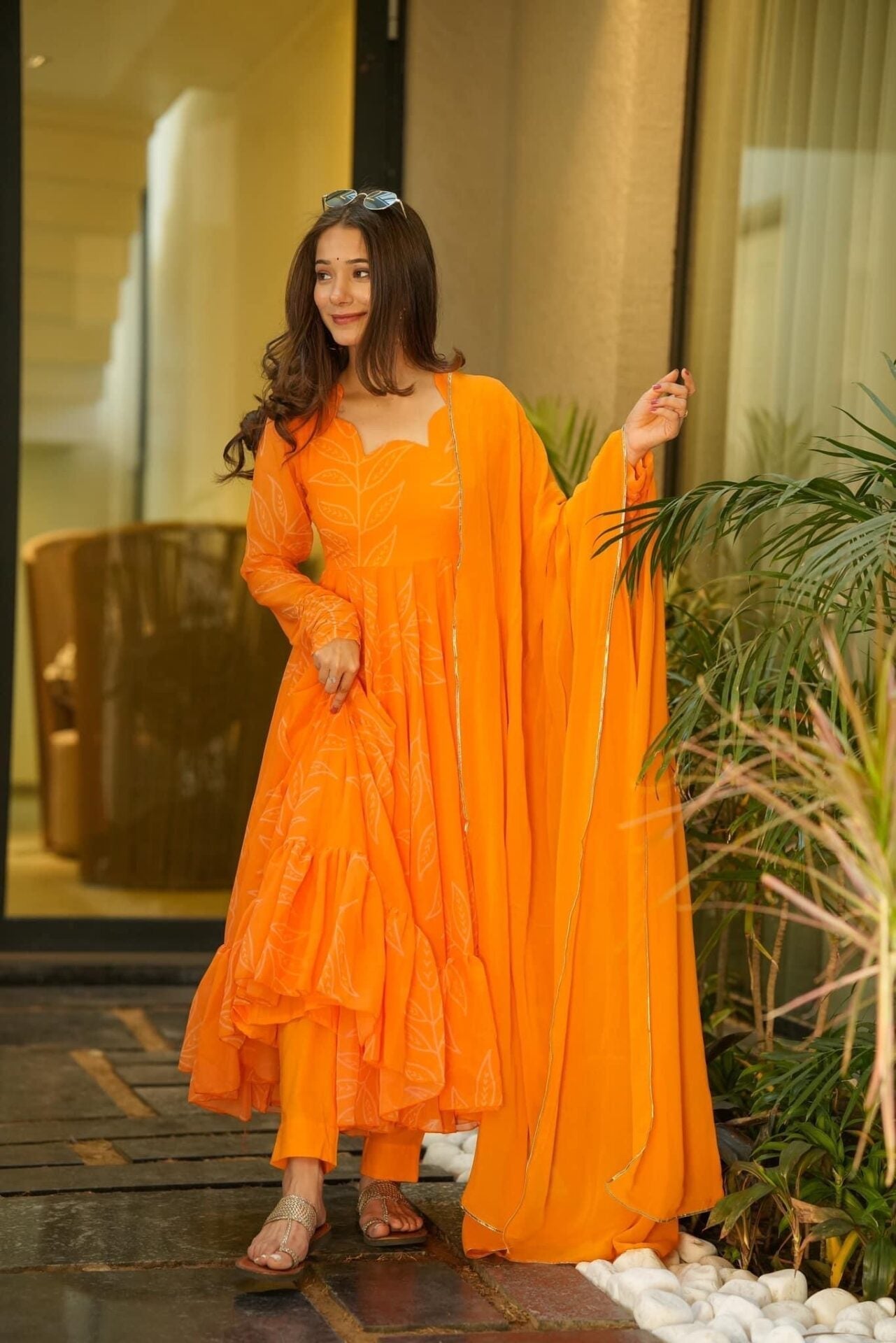 marigold orange georgette suit set