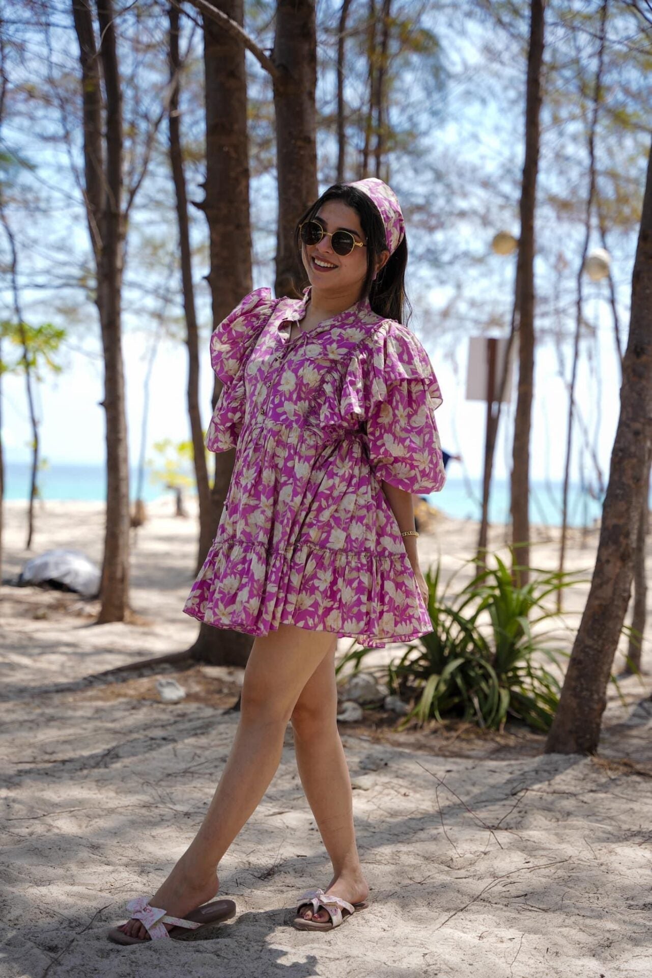 Lavender Designer Floral Lily Cotton Midi Dress